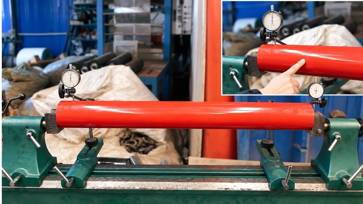 Conveyor roller radial runout test using dial indicators Conveyor roller radial runout test using dial indicators