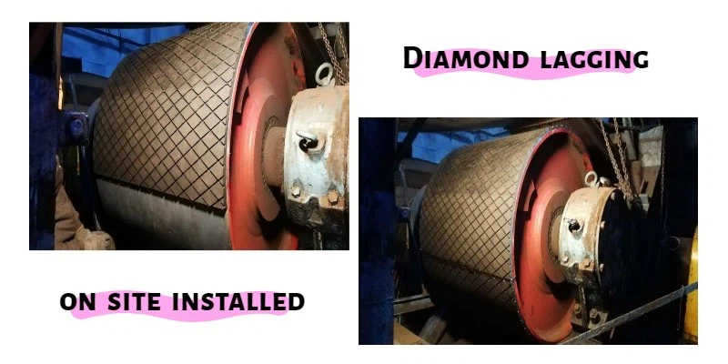 Pulley with diamond lagged rubber sheet installed Pulley with diamond lagged rubber sheet installed